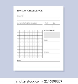 100 day challenge planner sheets daily tracker with motivation word and goals. simple and clean minimalist planner printable