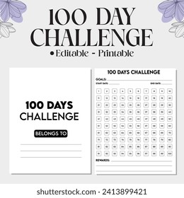 100 day challenge planner sheets daily tracker with motivation word and goals. simple and clean minimalist planner printable 100 Days Habit Tracker