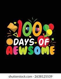 100 Days of Awesome Bold Typography Illustration with Balloons, Pencil, and Apple for School Celebration Posters, Digital Media, Social Media, Apparel, Classroom Events, and Merchandising