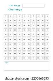 100 Days Challenge Habit Tracker Printable. Minimalist Discipline Journal Page with Daily Numbered Squares. Professional Vector Layout for Long-Term Goal Setting and Personal Accountability. Clean Stationery Design for Success Monitoring, Wellness Planning, and Time Management. Editable Lifestyle Organizer Sheet for Progress Tracking.

Master your long-term objectives and build lasting consistency with this professionally designed 100 Days Challenge template. This sleek, functional layout serves as an ultimate tool for anyone looking to cultivate discipline, monitor daily growth, and reach milestones in their personal or professional life. The high-contrast aesthetic ensures focus, making it a perfect addition to physical planners, digital tablets, or standalone printable sheets. This organizer features a comprehensive grid of one hundred numbered squares, allowing for clear visualization of your journey over three months. It includes a dedicated field for your primary mission and a large 