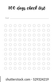 100 days Check List vector template. Minimal design Goal Tracker template, ready to use. Inspirational Self Improvement stationery design for organizer or planner