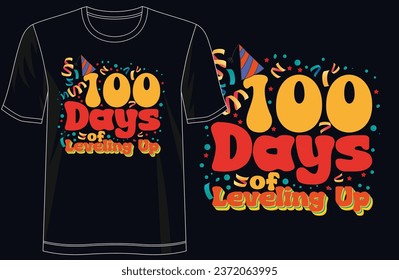 100 Days of Leveling Up - Stylish Kids_ T-Shirt Design for School Achievements, kids t-shirt design. Ready for print, poster, card, Mug, Bag, vintage vector, typography