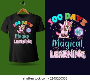 100 days of magical learning happy school modern trendy typography t shirt design  with 100th Day comic lettering quotes and poster, banner text.