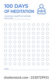 100 days meditation planner. Checklist template.	