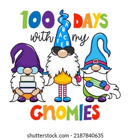 100 days with my gnomies - Smart gnomes, students, with quote. Cute troll characters. Hand drawn doodle for kids. Good for school sets, wallpapers, wrapping paper, clothes. Back to school.