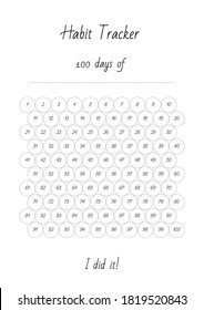 100 days of... Habit Tracker. Blank printable vertical notebook page. Vector 8 ESP.