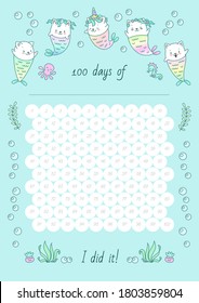 100 days of... Printable habit tracker decorated with little cat mermaids and sea creatures on a mint background. Vector 10 ESP.