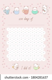 100 days of... Printable habit tracker decorated with cute little kittens sitting in cups. Vector 10 ESP.