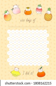 100 días de... Rastreador de hábitos imprimibles decorado con pequeños gatitos y frutas en un fondo amarillo. Vector 10 ESP.