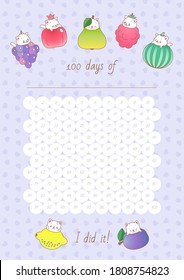 100 days of... Printable habit tracker decorated with little kittens and fruits on a light purple background. Vector 10 ESP.