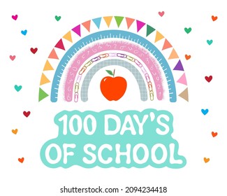 100 day`s of school banner on white. Cute rainbow, apple, hearts and text, vector.