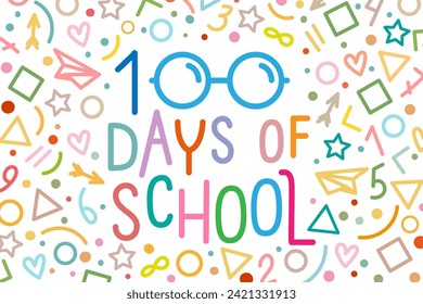 Cartel de 100 días de escuela en blanco. Último día de escuela, concepto de fin de año escolar, vector de estilo de arte de línea.