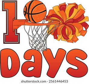  100 Days of School Basketball with Basketball Ring Hoop and Cheerleader Pom Poms. Art and Illustration