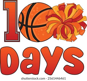  100 Days of School Basketball with Basketball Ring Hoop and Cheerleader Pom Poms. Art and Illustration