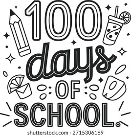 100 días de escuela, tipografía divertida del esquema, diseño del Vector de la celebración del aula