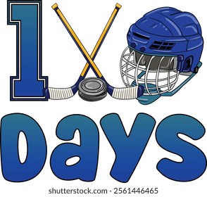 100 Days of School Hockey with Helmet, Stick, and Hockey Puck. Art and Illustration