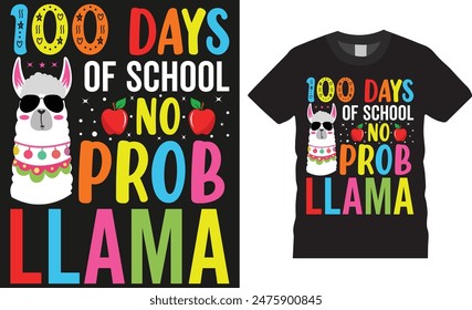 100 days of school no prob llama, Back to school colorful typography Vector T shirt design. Back to school funny quote and design ready for holiday poster, print, banner, pod, background, apparel.