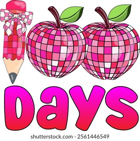 100 Days of School Pink Disco Apple Graphic with Pencil Bow Coquette . Art and Illustration