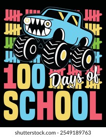 100 Days of School T-Shirt Design – Fun and Colorful Milestone Artwork with Bold Text, Confetti, Pencils, and Books for Teachers, Kids, and Classroom Celebrations