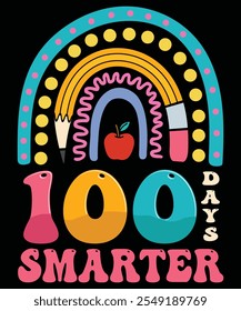 100 días de diseño de camisetas escolares: divertidas y coloridas ilustraciones de hitos con texto audaz, confeti, lápices y libros para maestros, niños y celebraciones en el aula