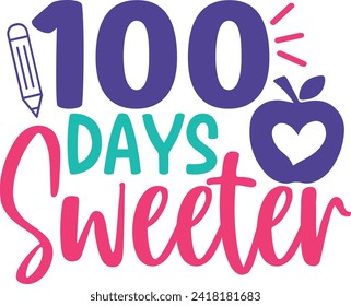 100 Days of School typography design on plain white transparent isolated background for card, shirt, hoodie, sweatshirt, apparel, tag, mug, icon, poster or badge