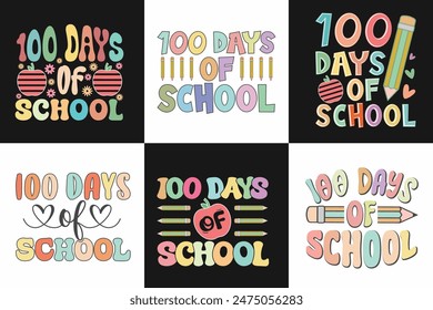 100 Days of School Typography Design Bundle, Creative 100 Days of School Lettering, Fun 100 Days of School Lettering Art, Colorful Groovy 100 Days of School Lettering Designs