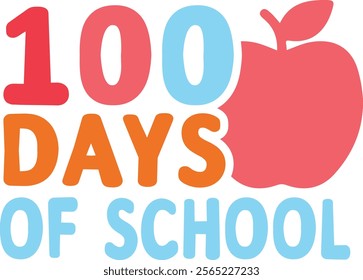 100 Days of School typography design on plain white transparent isolated background for card, shirt, hoodie, sweatshirt, apparel, tag, mug, icon, poster or badge