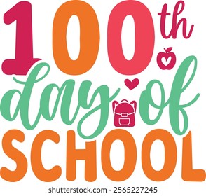 100 Days of School typography design on plain white transparent isolated background for card, shirt, hoodie, sweatshirt, apparel, tag, mug, icon, poster or badge