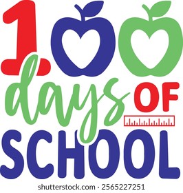 100 Days of School typography design on plain white transparent isolated background for card, shirt, hoodie, sweatshirt, apparel, tag, mug, icon, poster or badge