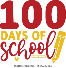 100 Days of School typography design on plain white transparent isolated background for card, shirt, hoodie, sweatshirt, apparel, tag, mug, icon, poster or badge