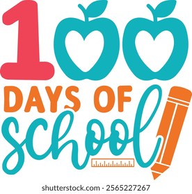 100 Days of School typography design on plain white transparent isolated background for card, shirt, hoodie, sweatshirt, apparel, tag, mug, icon, poster or badge