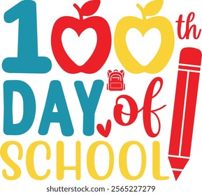 100 Days of School typography design on plain white transparent isolated background for card, shirt, hoodie, sweatshirt, apparel, tag, mug, icon, poster or badge