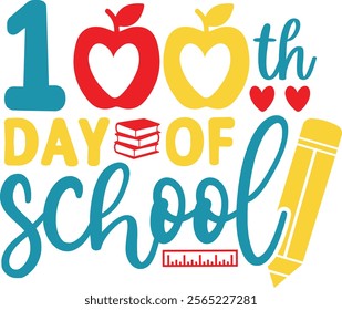 100 Days of School typography design on plain white transparent isolated background for card, shirt, hoodie, sweatshirt, apparel, tag, mug, icon, poster or badge