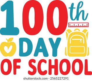 100 Days of School typography design on plain white transparent isolated background for card, shirt, hoodie, sweatshirt, apparel, tag, mug, icon, poster or badge