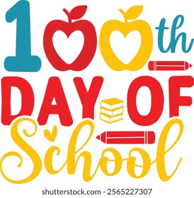 100 Days of School typography design on plain white transparent isolated background for card, shirt, hoodie, sweatshirt, apparel, tag, mug, icon, poster or badge