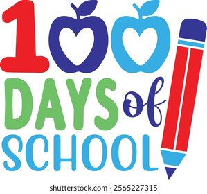 100 Days of School typography design on plain white transparent isolated background for card, shirt, hoodie, sweatshirt, apparel, tag, mug, icon, poster or badge