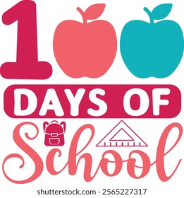 100 Days of School typography design on plain white transparent isolated background for card, shirt, hoodie, sweatshirt, apparel, tag, mug, icon, poster or badge