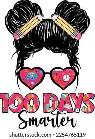 100 Days smarter girls messy bun hair t-shirt design