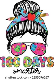 100 Days smarter girls messy bun hair t-shirt design