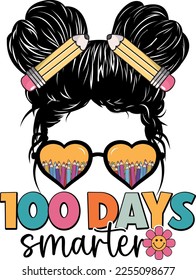 100 Days smarter girls messy bun hair t-shirt design