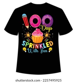 100 días salpicados con camisetas divertidas Feliz de vuelta a la escuela plantilla de impresión de camisas, diseño de tipografía para guardería preescolar, último y primer día de escuela