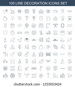 100 decoration icons. Trendy decoration icons white background. Included line icons such as bird, piece of cake, brick wall, tie, Crown, weather vane. decoration icon for web and mobile.