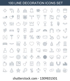 100 decoration icons. Trendy decoration icons white background. Included line icons such as easter egg, heart lock, heart, heart baloons, restaurant table. decoration icon for web and mobile.