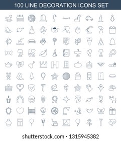100 decoration icons. Trendy decoration icons white background. Included line icons such as hearts, tie, rose, baloon, stage, rocking chair. decoration icon for web and mobile.
