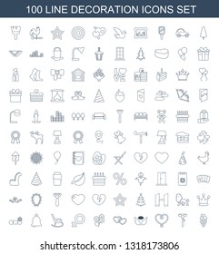 100 decoration icons. Trendy decoration icons white background. Included line icons such as grape, tie, heart, wings, bouquet, female, rocking chair. decoration icon for web and mobile.