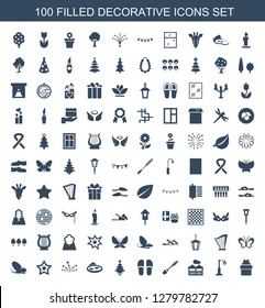 100 decorative icons. Trendy decorative icons white background. Included filled icons such as gift, street lamp, pergola, mascara, slippers. decorative icon for web and mobile.