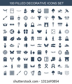 100 decorative icons. Trendy decorative icons white background. Included filled icons such as fireworks, gift, tree, party flag, window, harp. decorative icon for web and mobile.