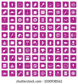 100 delicious dishes icons set in grunge style pink color isolated on white background vector illustration