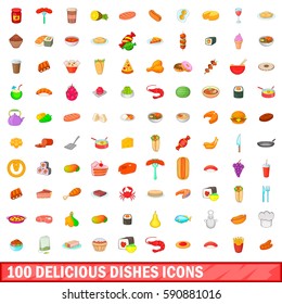 100 delicious dishes icons set in cartoon style for any design vector illustration