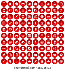 100 delicious dishes icons set in red circle isolated on white vector illustration